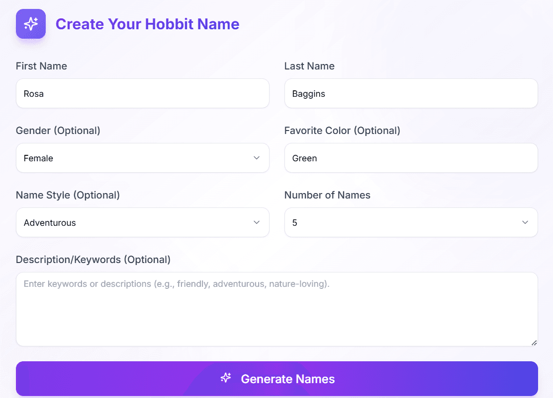 Screenshot of the Hobbit Name Generator