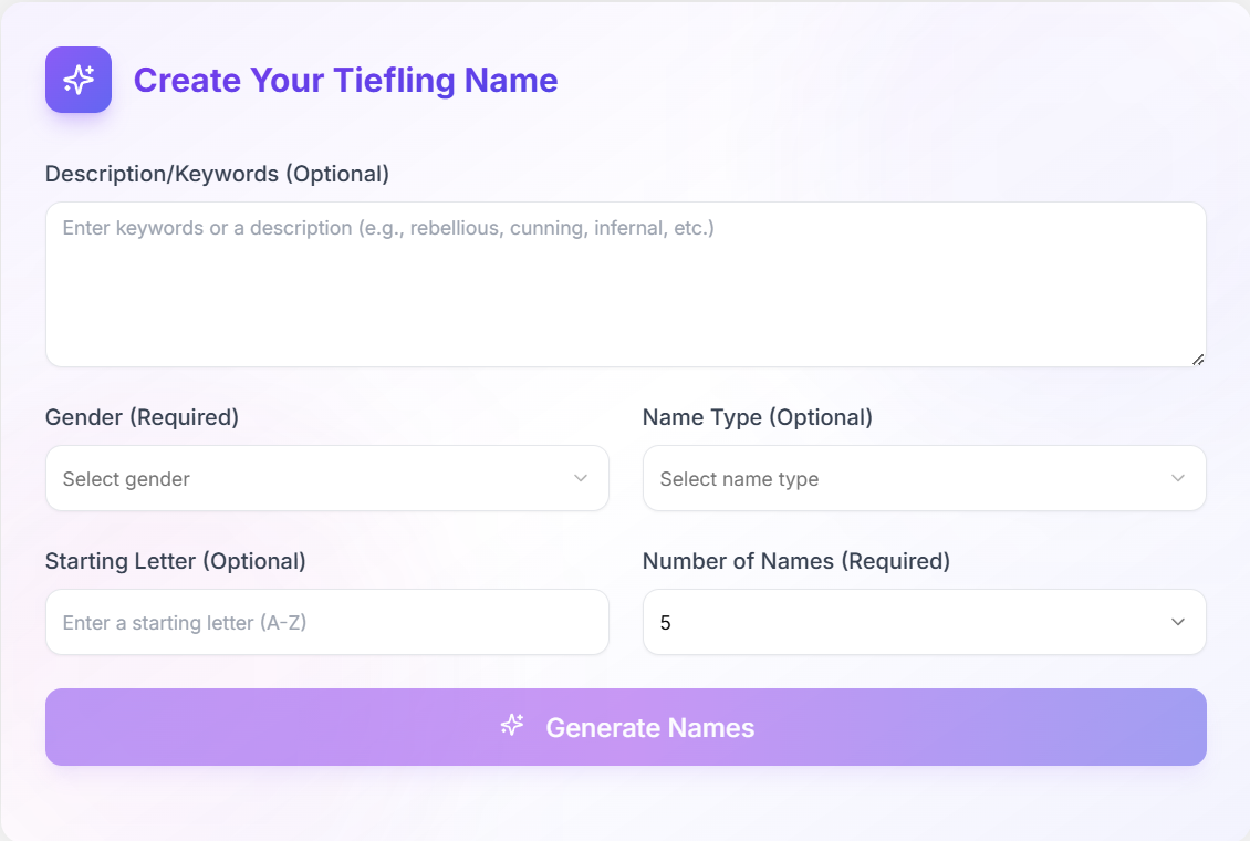 AiForNames Tiefling Name Generator interface