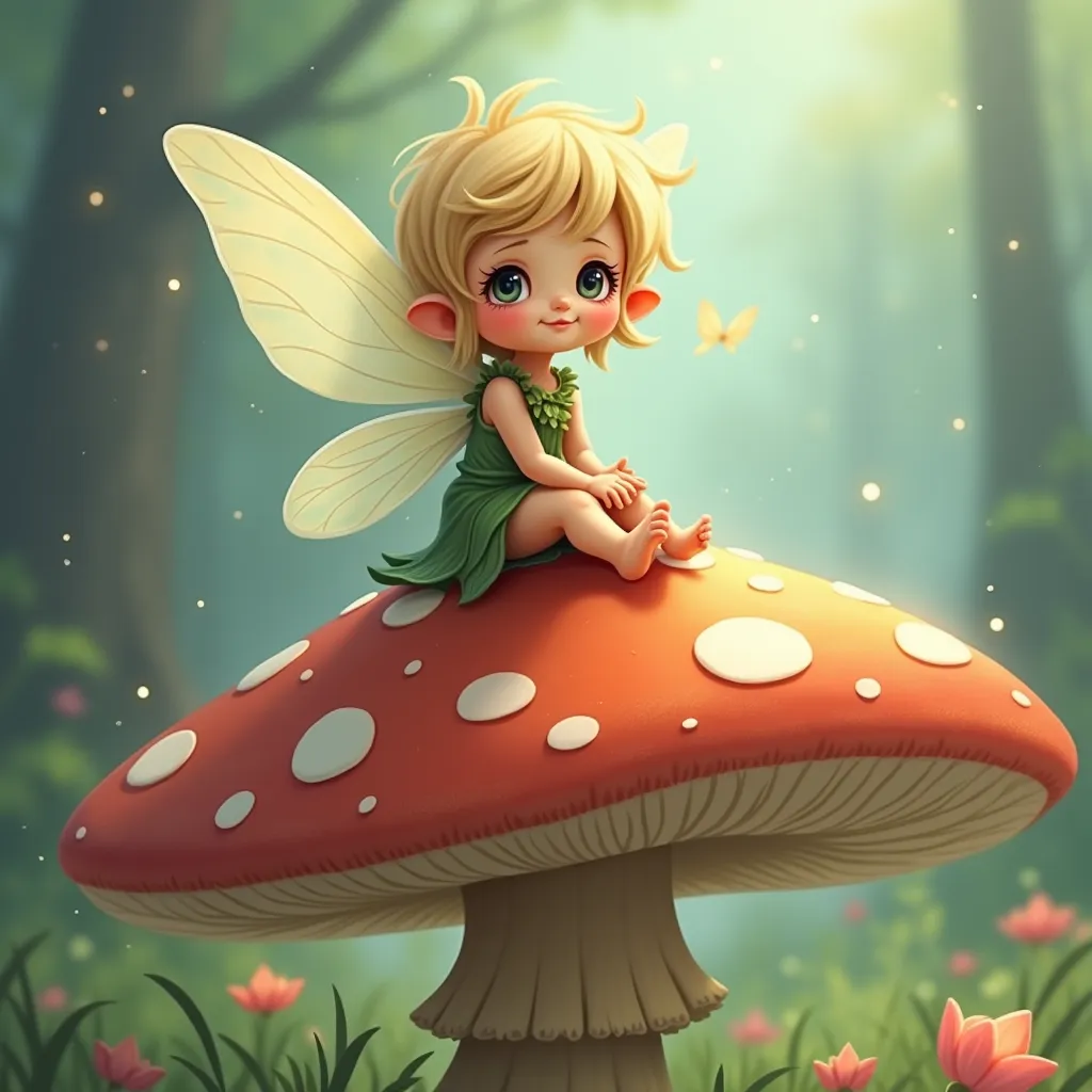 Illustration of a whimsical fairy sitting on a mushroom, representing the AiForNames fairy name generator