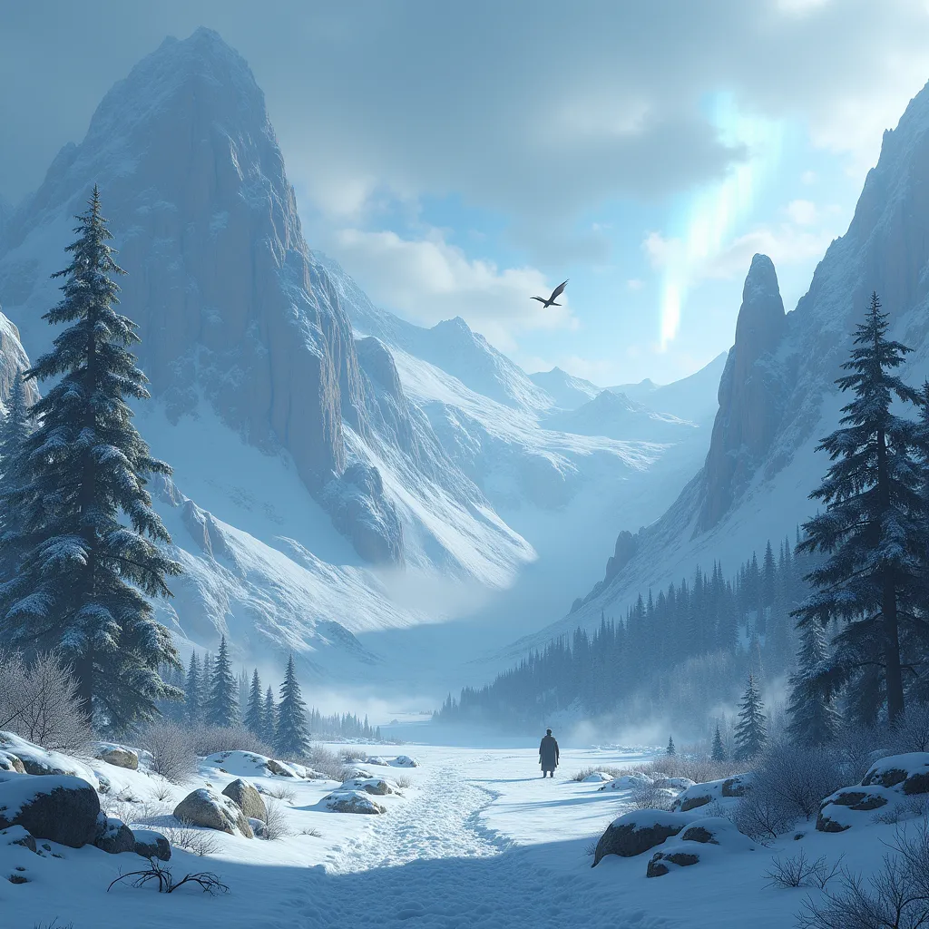 Evocative Skyrim landscape featuring snowy mountains and tundra, inspiration for Nord names